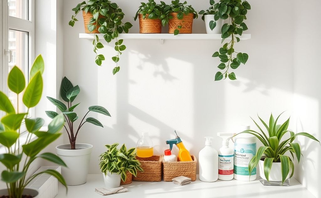A clean space with fresh plants and organized cleaning supplies.