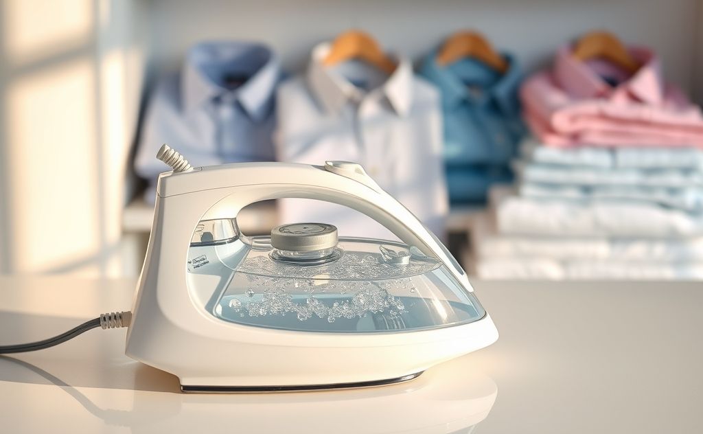 A clean steam iron with a water reservoir filled with distilled water.