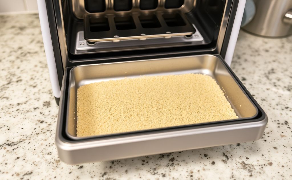 A clean toaster crumb tray on a kitchen countertop.