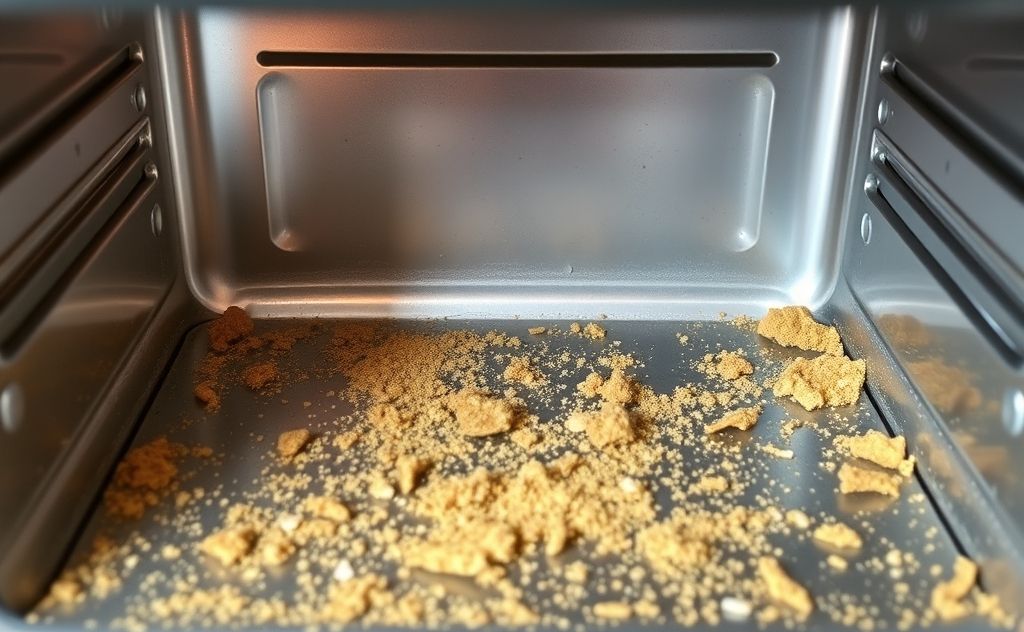 A clean toaster oven with crumbs and debris removed.