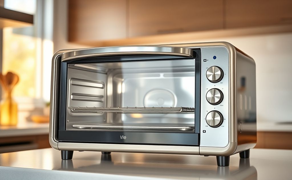 A clean toaster oven with sparkling surfaces and no crumbs inside