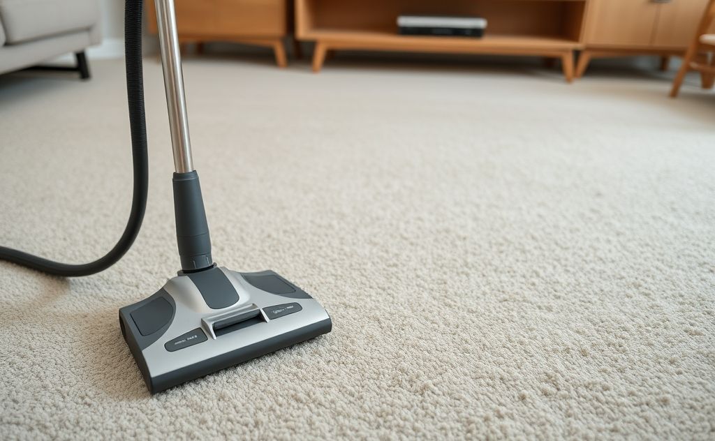 A clean vacuum cleaner beside a dust-free living room carpet.