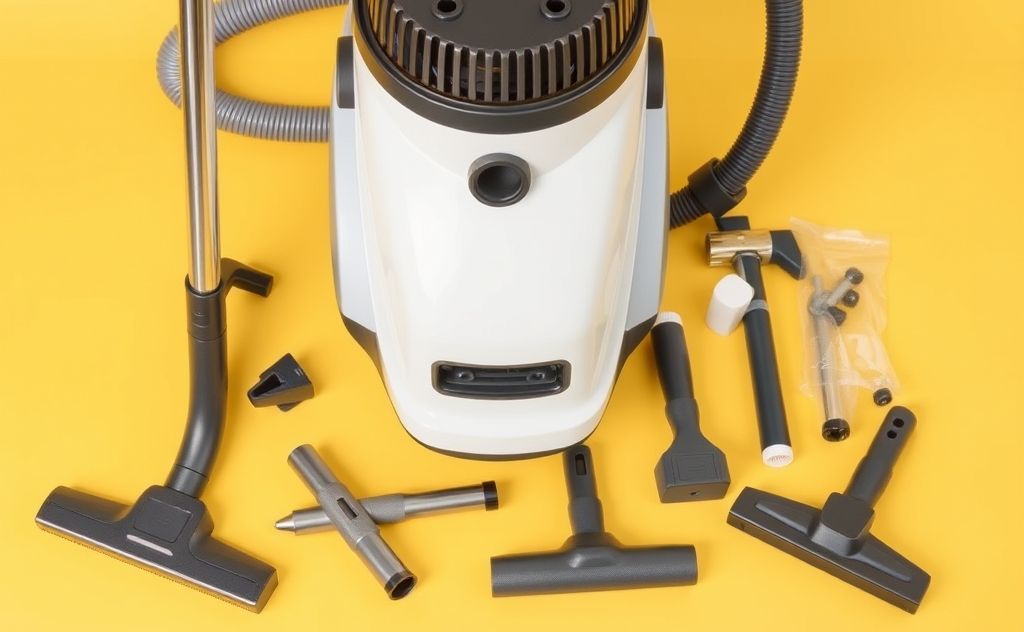 A clean vacuum cleaner with tools and accessories on a bright background