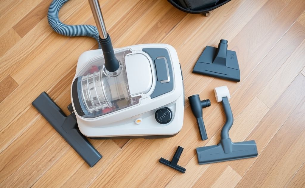 A clean vacuum cleaner with tools and accessories on a wooden floor.