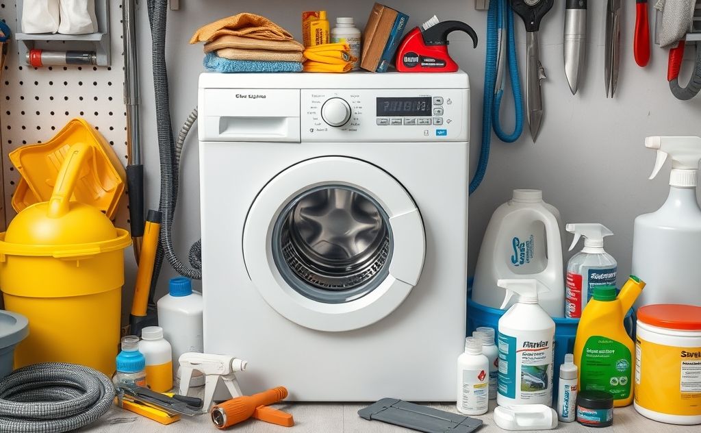 A clean washing machine surrounded by tools and maintenance supplies.