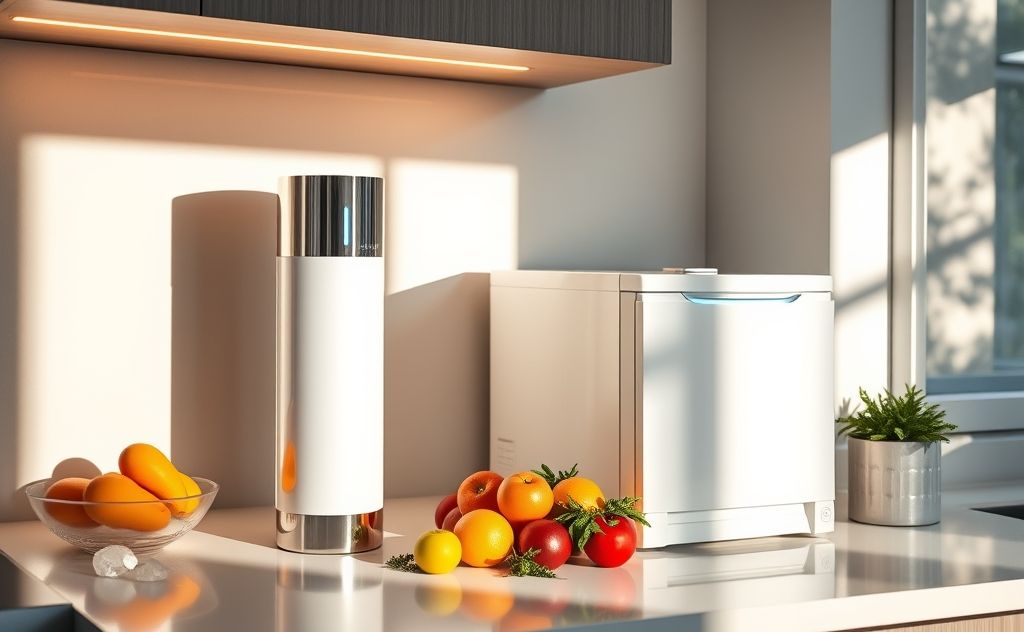 A clean water filter next to a home ice maker in a kitchen setting