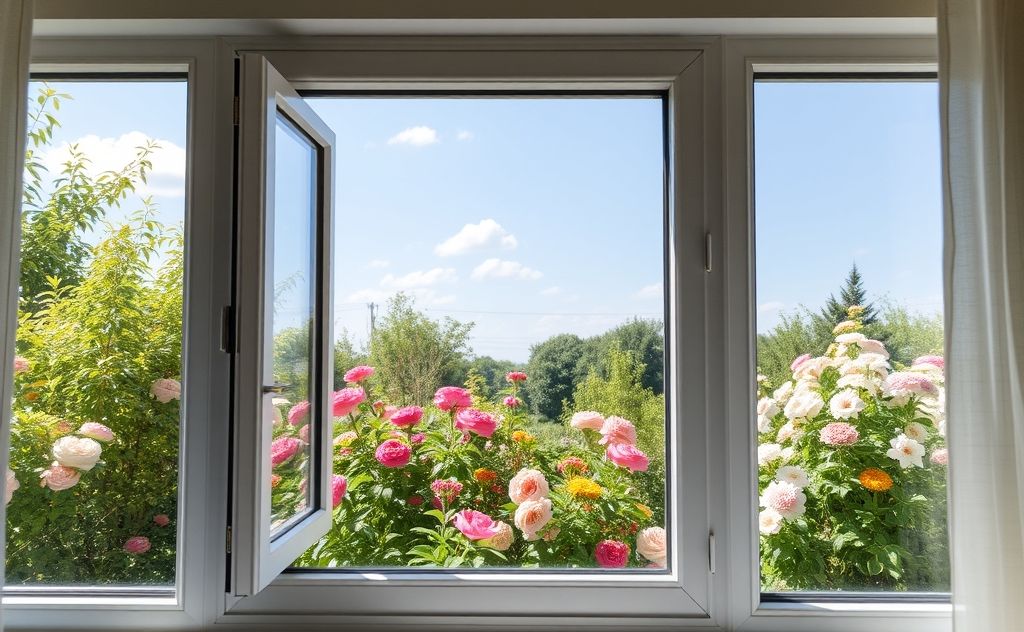 A clean window with a view of a blooming garden on a sunny day.