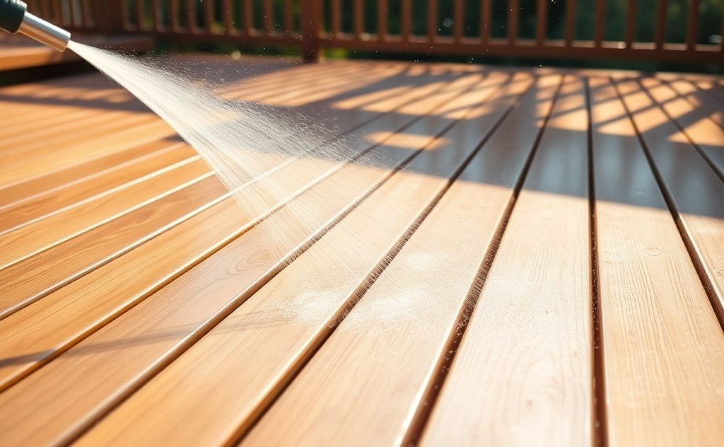 A clean wooden deck being pre-rinsed with a garden hose.