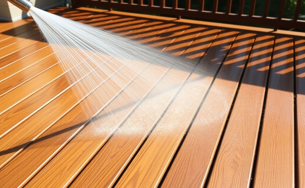A clean wooden deck being pressure washed with water spray.