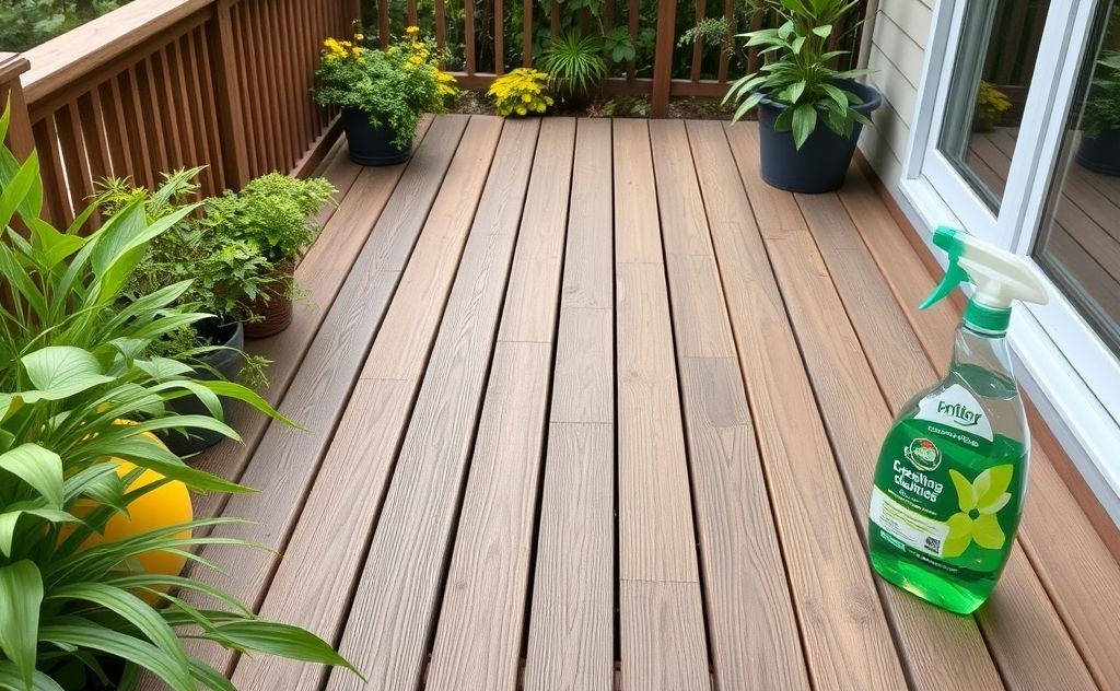 A clean wooden deck surrounded by greenery and eco-friendly cleaning supplies.