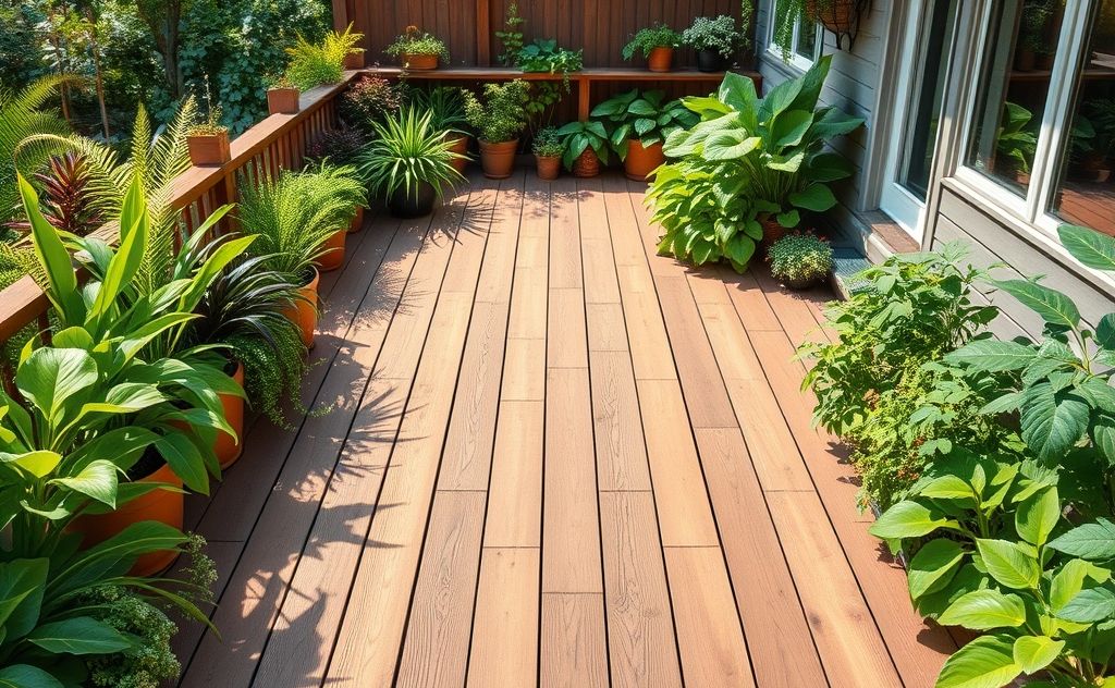 A clean wooden deck surrounded by lush greenery and natural elements.