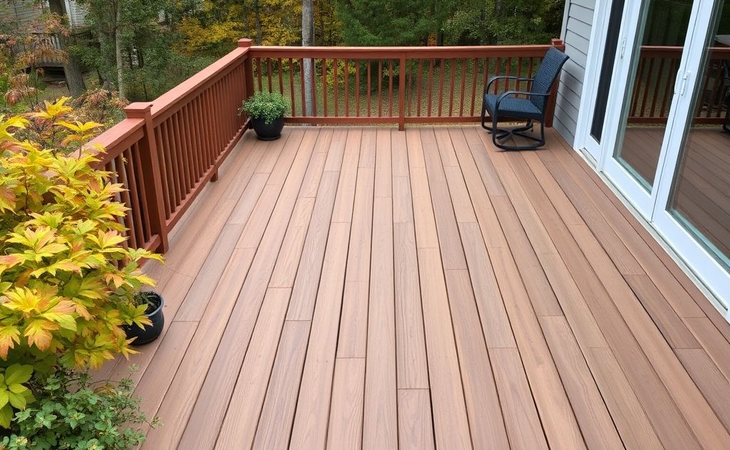 A clean wooden deck surrounded by seasonal foliage.
