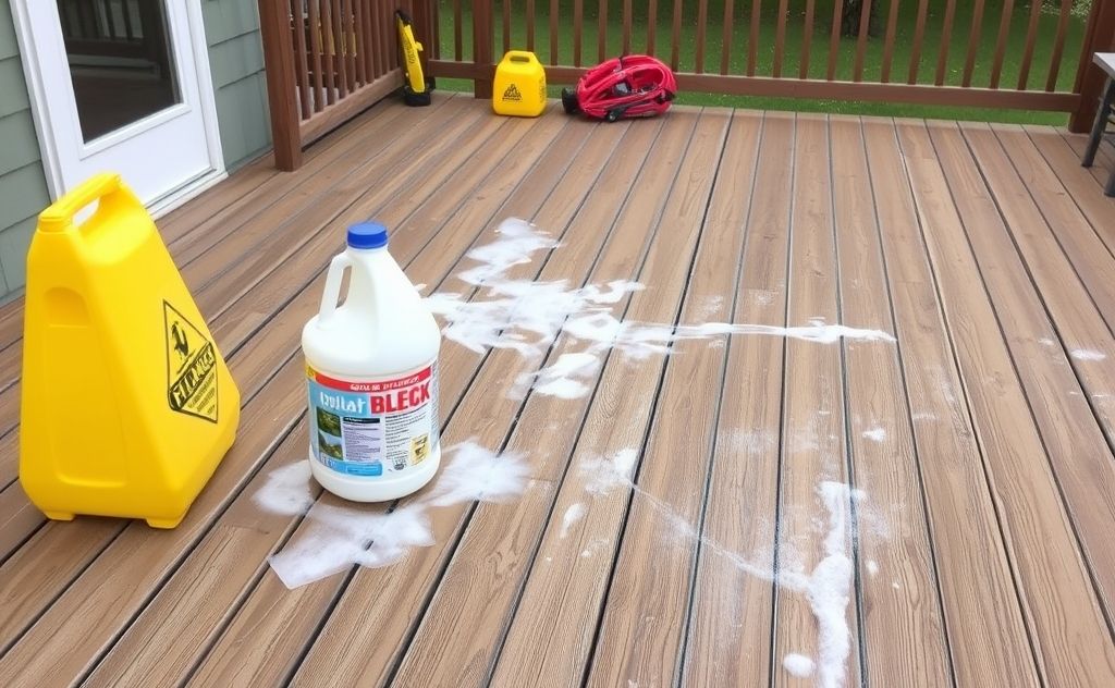 A clean wooden deck with bleach solution and safety gear nearby.