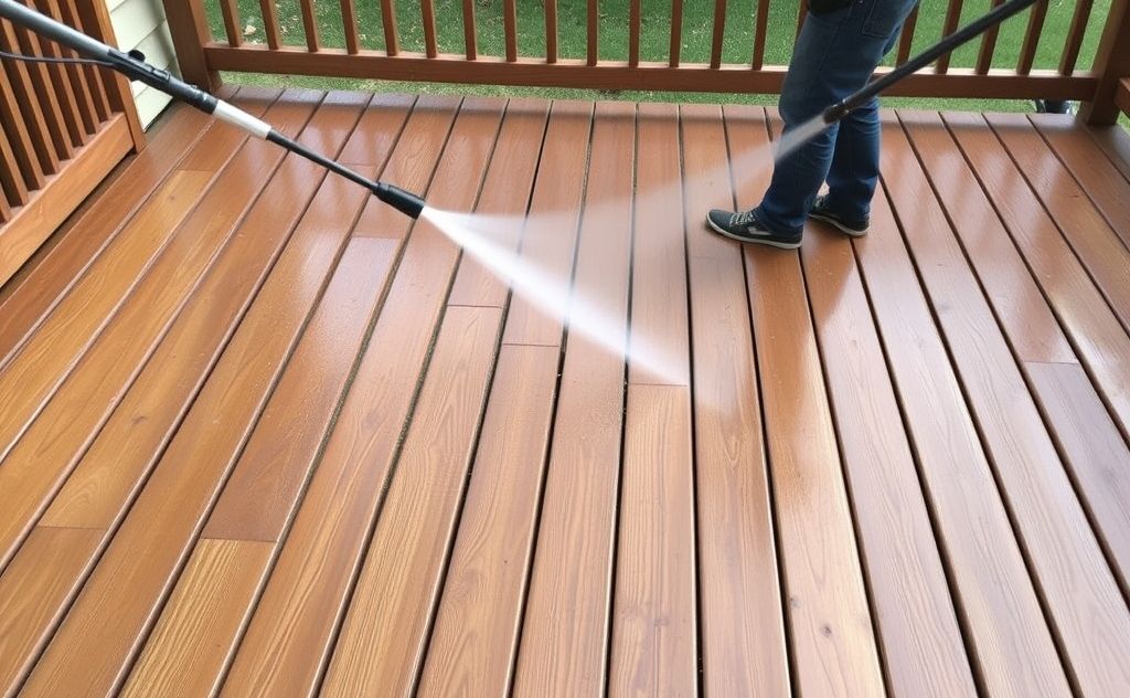 A clean wooden deck with grease stains being removed by a pressure washer.