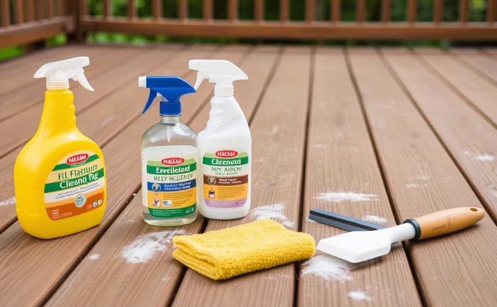 A clean wooden deck with natural cleaning supplies and tools.