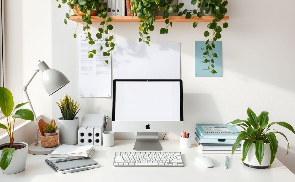 A clean workspace with organized items and plants for mental clarity.
