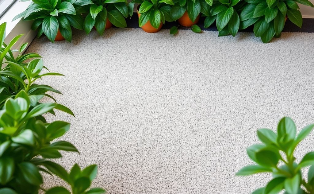A clean, eco-friendly carpet surrounded by green plants.