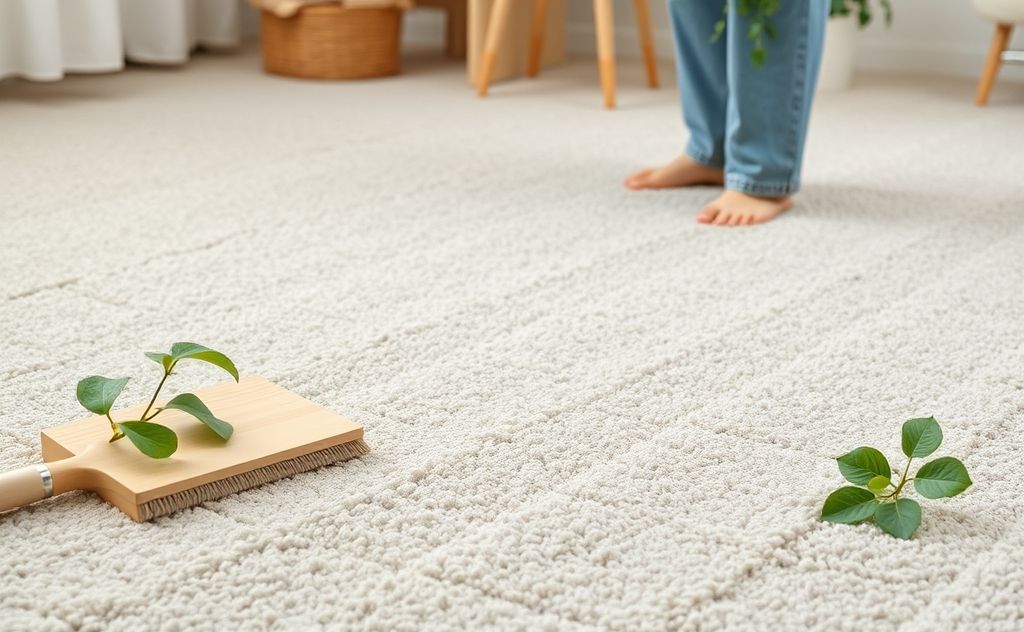 A clean, eco-friendly carpet with natural cleaning tools and plants.