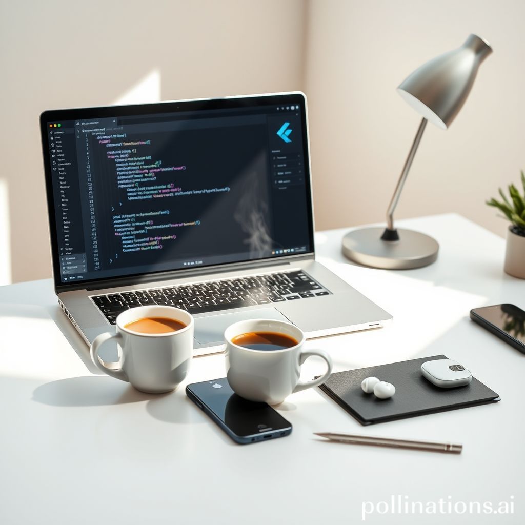 A clean, modern desk setup with a laptop displaying a Flutter/Dart code snippet (showing a class or a function, easily recognizable as Dart). A subtle Flutter logo can be seen. There's a cup of coffee and some tech gadgets on the desk. The overall mood is bright, inviting, and geared towards learning programming for beginners.