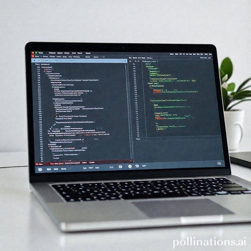 A clean, modern developer's desk setup. On a laptop screen, a code editor displaying Laravel project files and a terminal window with commands like 'php artisan serve'. A coffee cup and a minimalist plant are subtly visible in the background, creating a productive and focused atmosphere. The overall aesthetic should be sleek and professional.