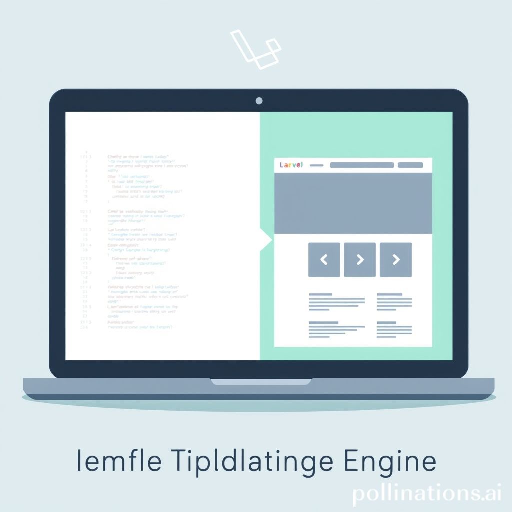 A clean, modern illustration showing a laptop screen with elegant code snippets on one side and a beautifully designed web interface on the other, symbolizing the efficiency of Blade Templating Engine. A subtle Laravel logo could be integrated into the background or design elements. Use soft, professional colors like blues, greens, and grays to convey technology and creativity.