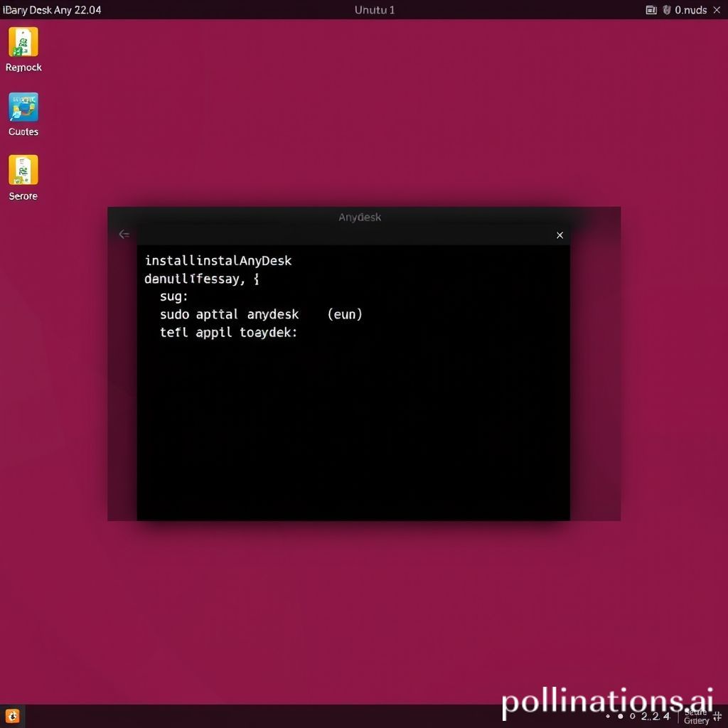 A clean, modern user interface of Anydesk running on an Ubuntu 22.04 desktop. In the foreground, a terminal window displays command-line code for AnyDesk installation (e.g., `sudo apt install anydesk`). The background subtly shows a blurred Ubuntu desktop environment. The overall image conveys secure remote access and ease of installation, with a technical but user-friendly feel.