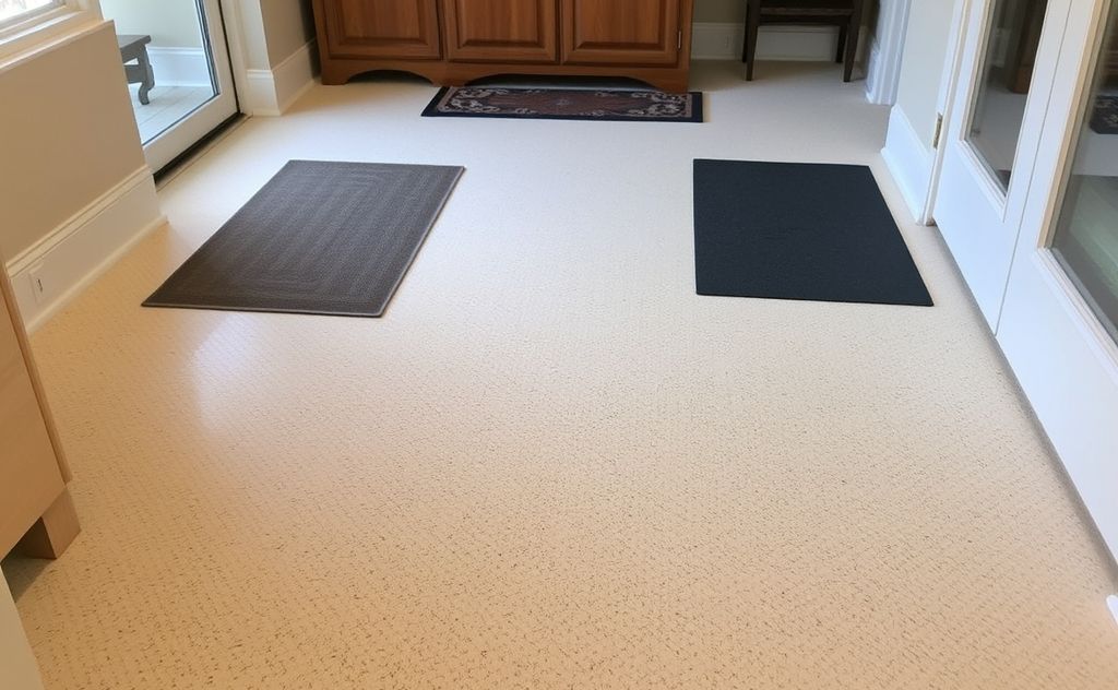 A clean, non-slip floor with safety mats in a cozy home setting.