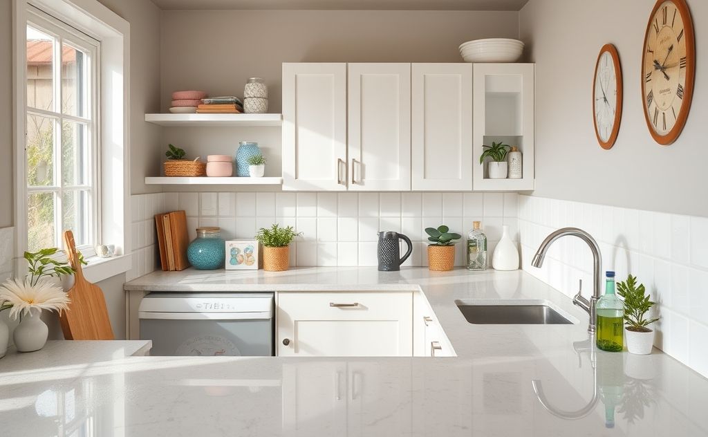 A clean, organized home with dust-free surfaces and shiny countertops.
