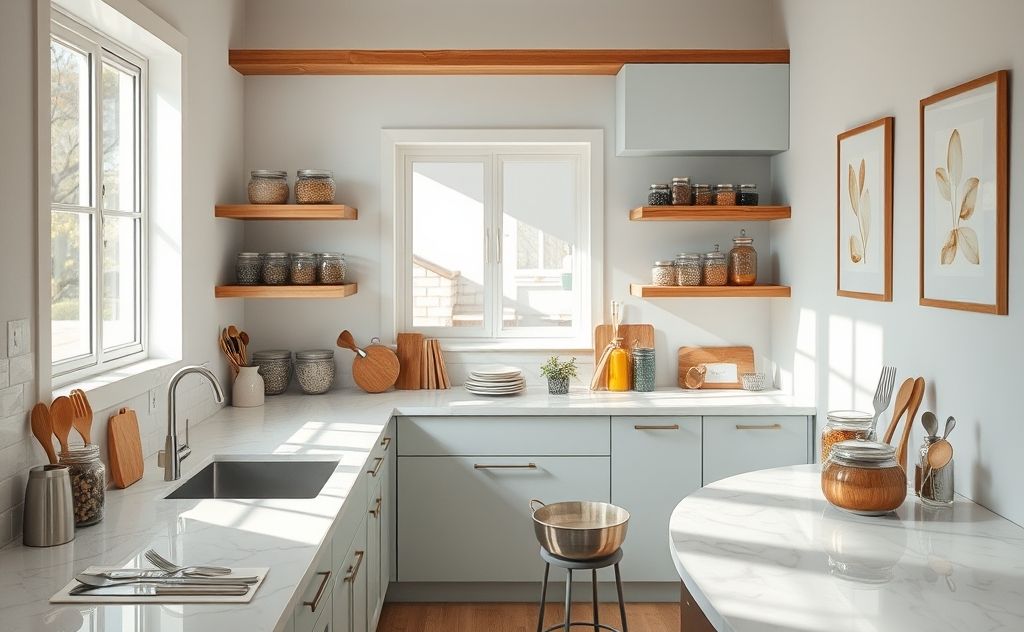 A clean, organized kitchen with neatly arranged utensils and containers.