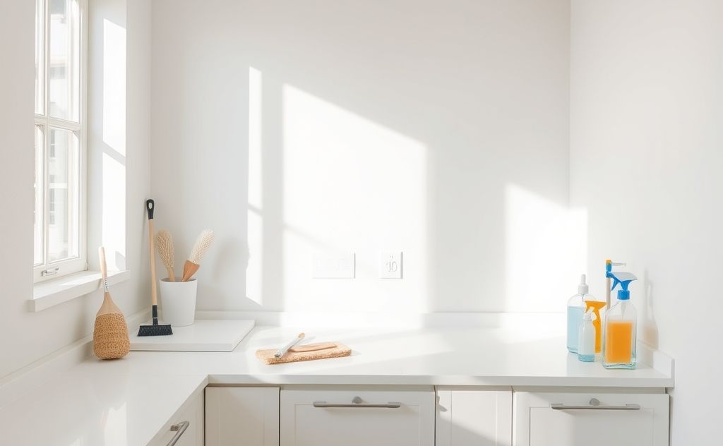 A clean, organized room with dusting supplies and a clutter-free surface.
