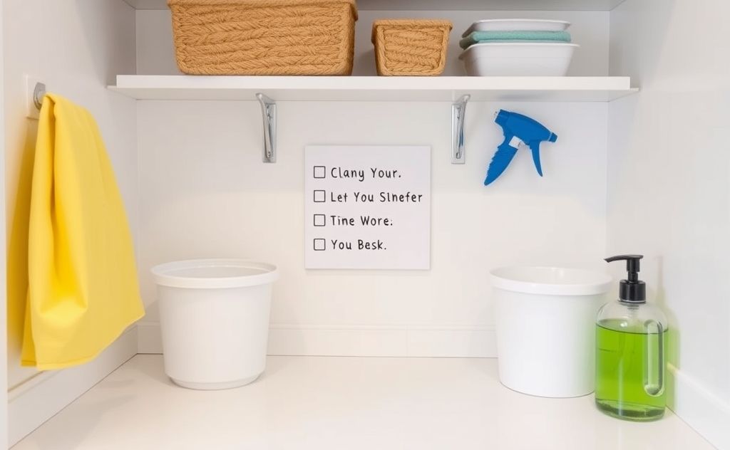 A clean, organized space with a visible cue for cleaning tasks.