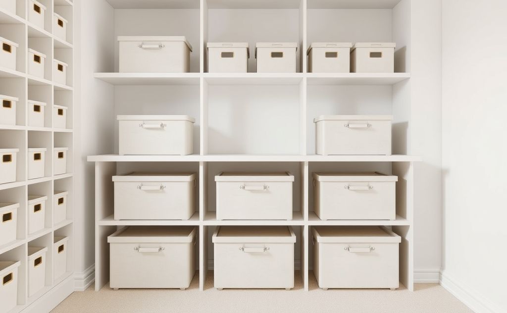 A clean, organized space with minimalist storage boxes and shelves.