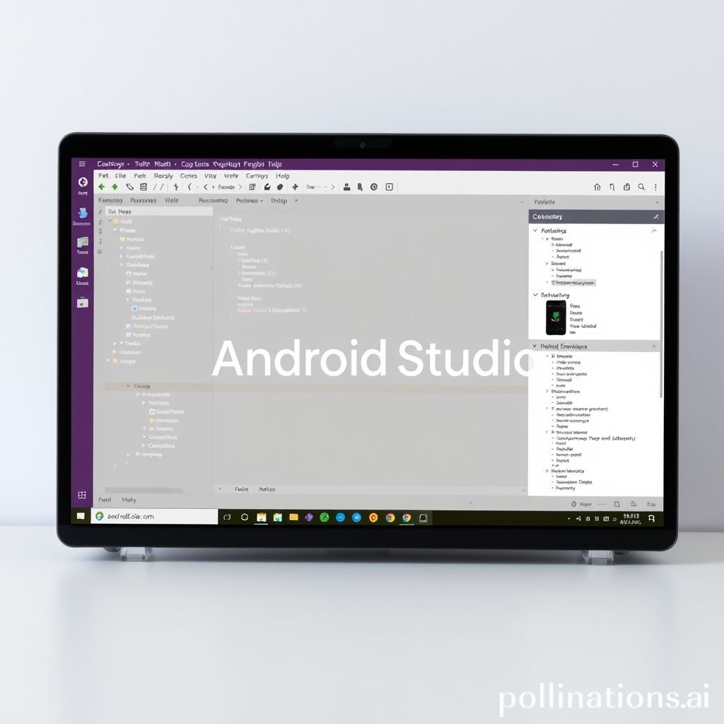 A clean, professional image of the Android Studio IDE interface displayed on a Windows 11 desktop. The Android Studio logo is subtly visible, and there are elements hinting at coding or mobile app development, such as a snippet of Kotlin/Java code or a mobile device emulator window. The overall aesthetic should be modern and inviting to developers.