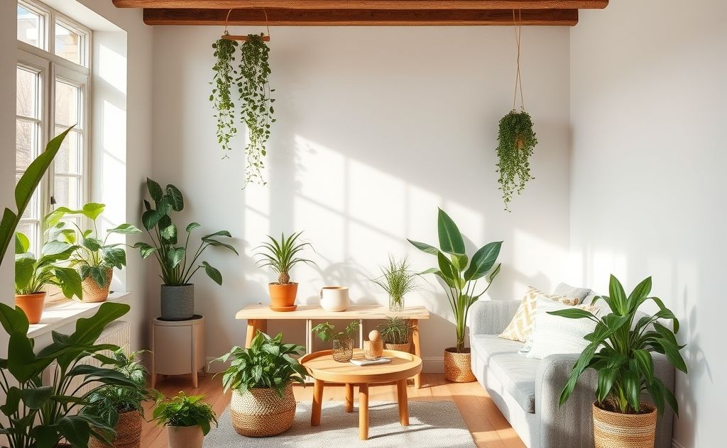 A clean, toxin-free home with plants and natural materials.