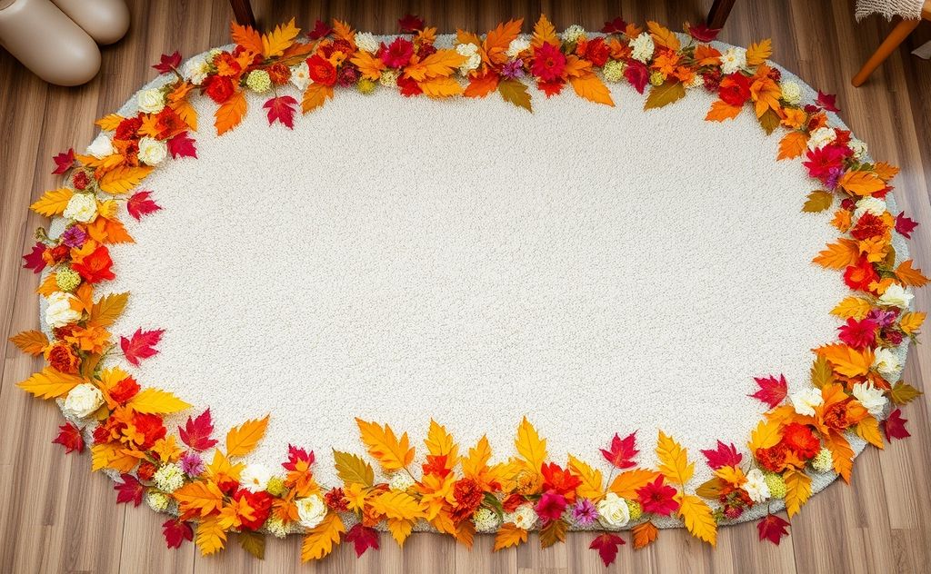 A clean, vibrant carpet with seasonal flowers and leaves around it.