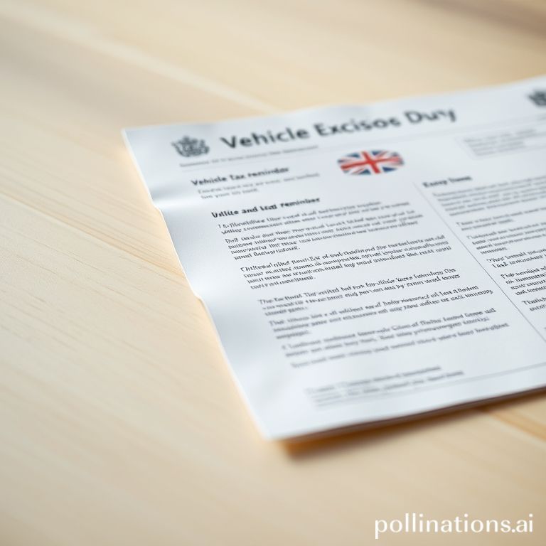 A detailed view of an official UK vehicle tax reminder document, showcasing important information regarding Vehicle Excise Duty and compliance. It is placed on a light wooden surface.