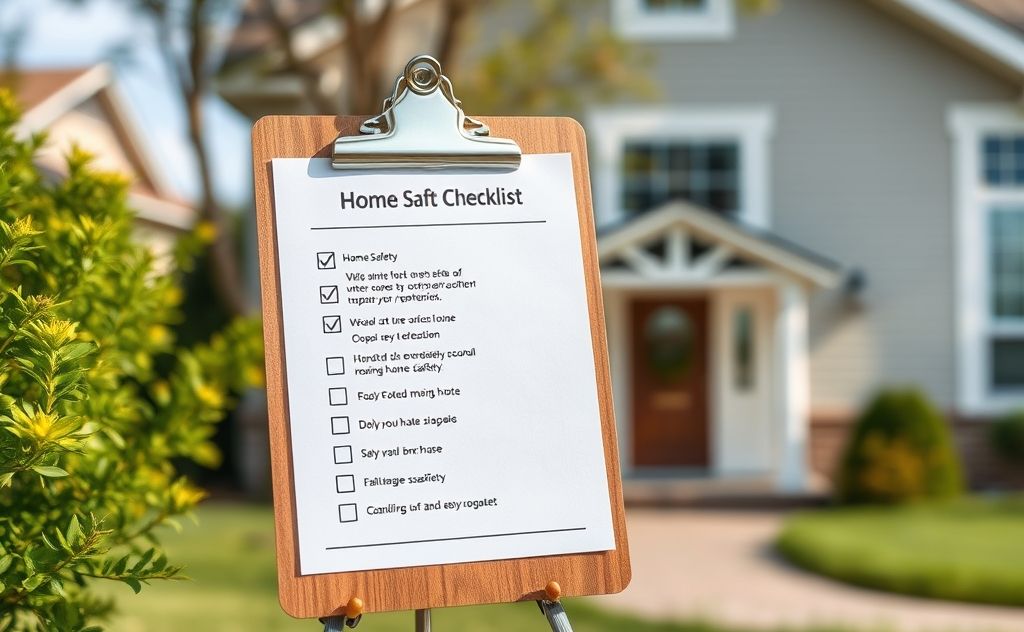 A clipboard with a home safety checklist beside a house.