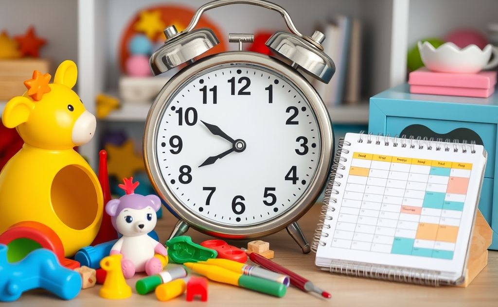 A clock surrounded by children's toys and a planner on a table.