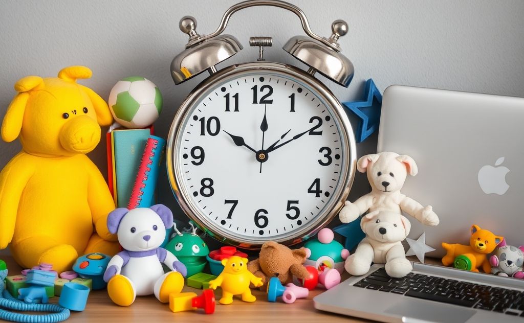 A clock surrounded by family items like toys and a laptop.