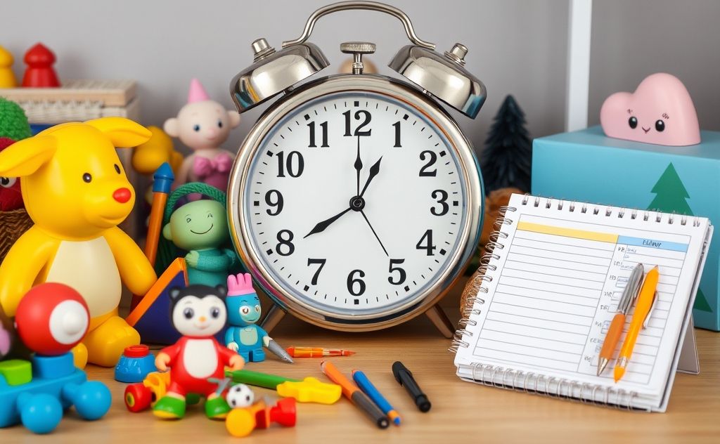 A clock surrounded by toys and a planner on a table.