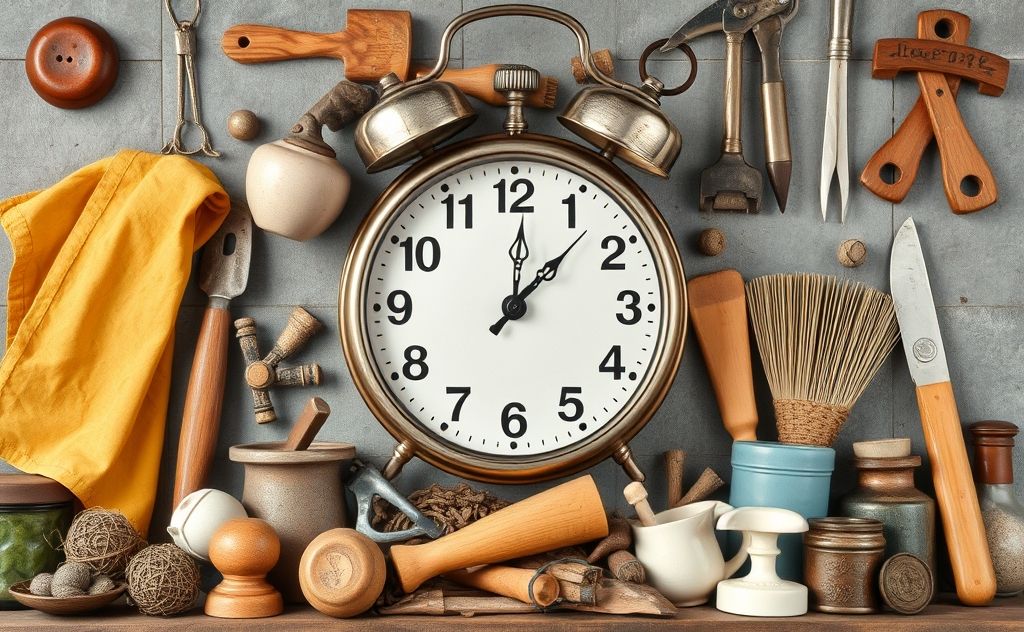 A clock surrounded by various household chores and tools.