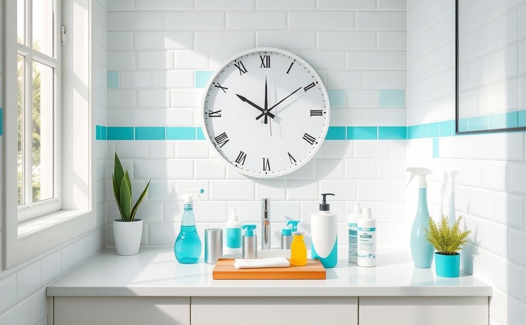 A clock with a bathroom cleaning set in a vibrant, tidy space.