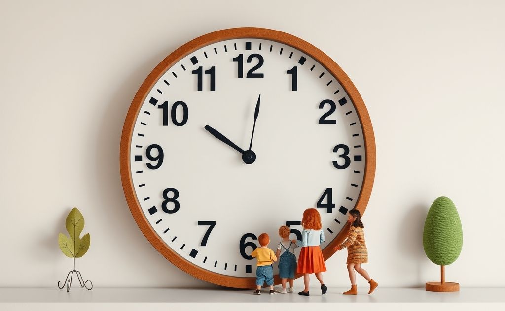 A clock with segmented time blocks and a family working together.