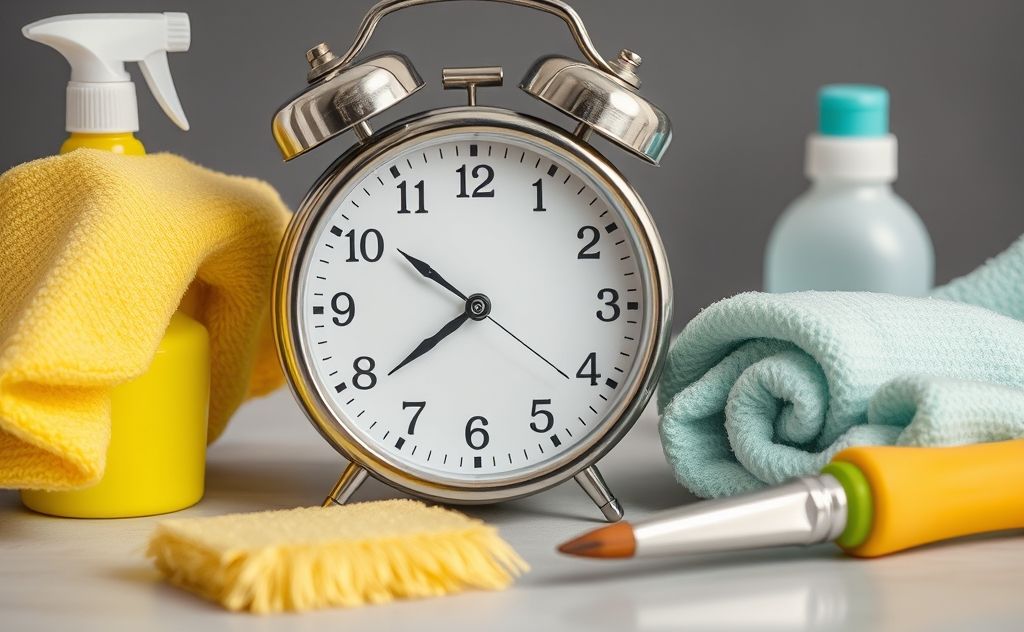 A clock with two minutes and cleaning tools on a table.
