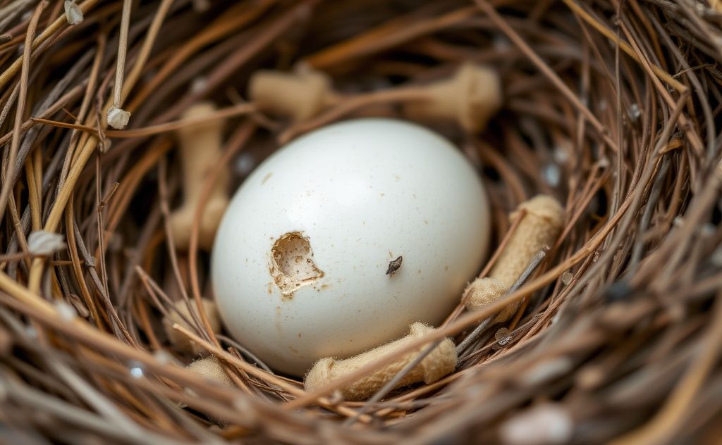 A close-up of a bird egg in a natural nest with soft materials.