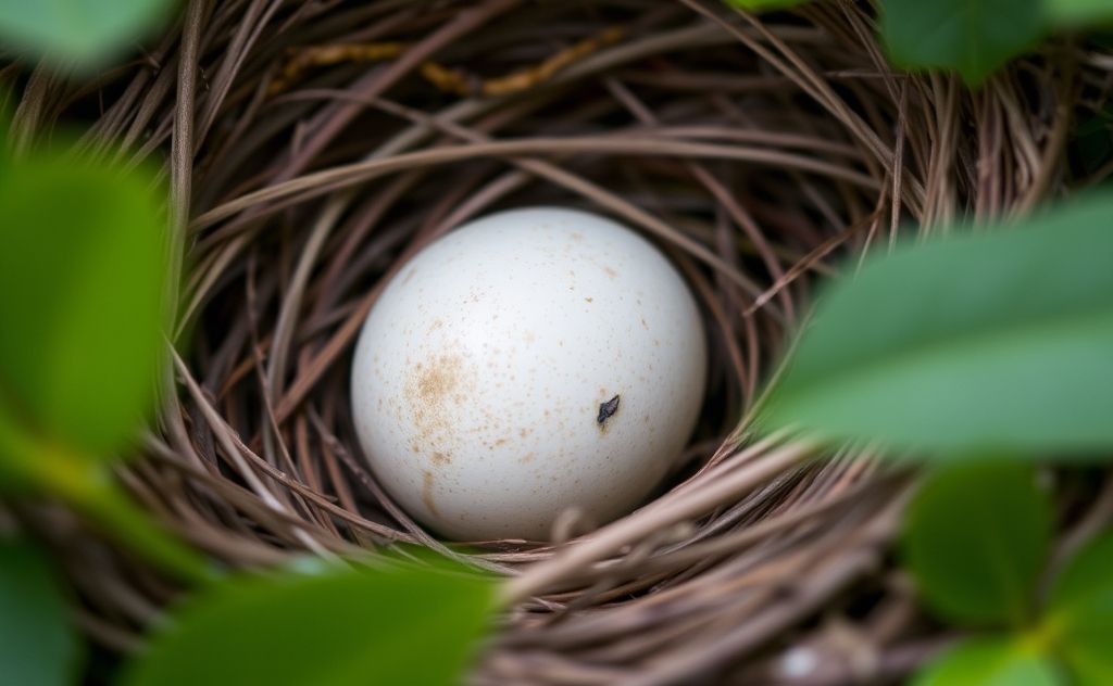 A close-up of a bird egg nestled in a nest surrounded by foliage.