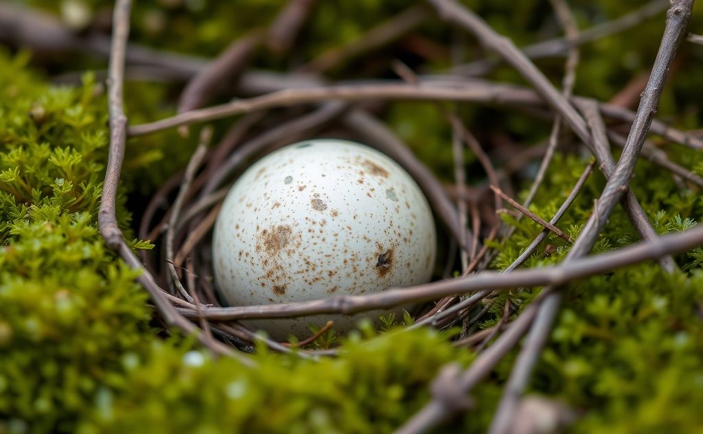 A close-up of a bird egg nestled in soft moss and twigs.