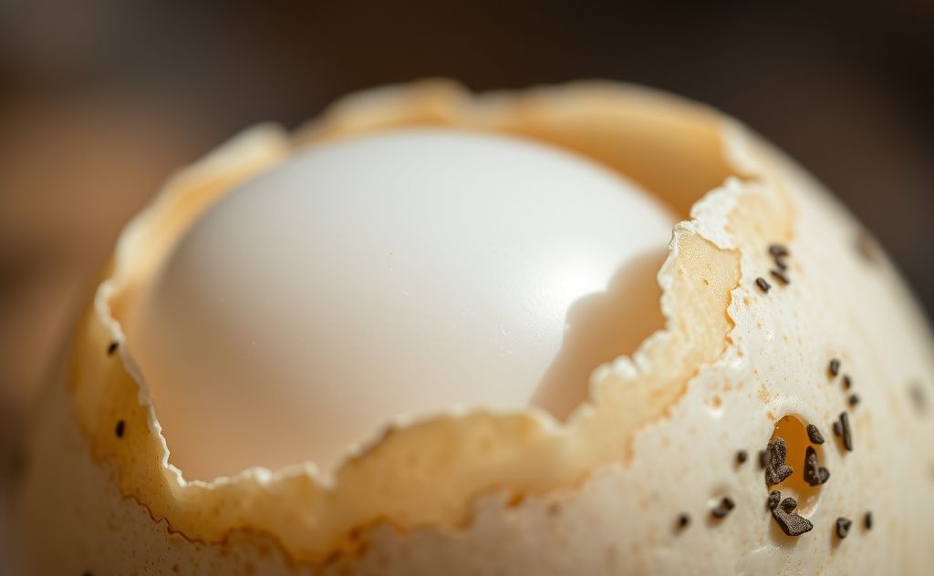 A close-up of a bird egg with a soft light revealing its texture.