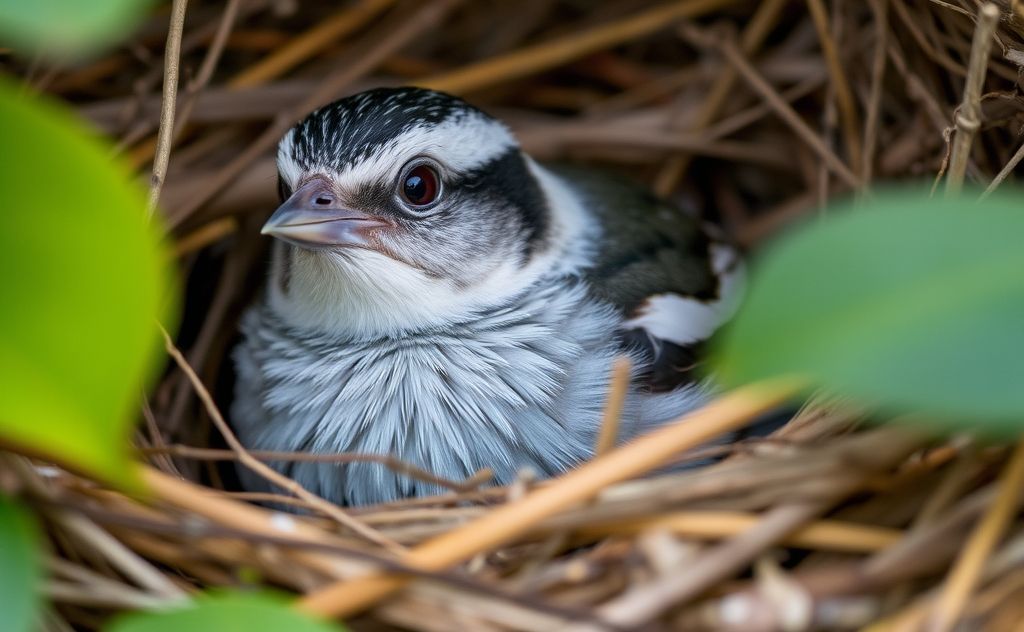 A close-up of a bird mimicking its surroundings in a nest.