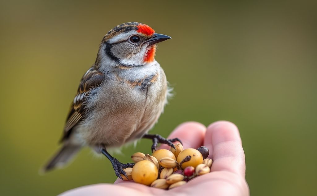 A close-up of a bird perched on a hand holding seeds and fruit.
